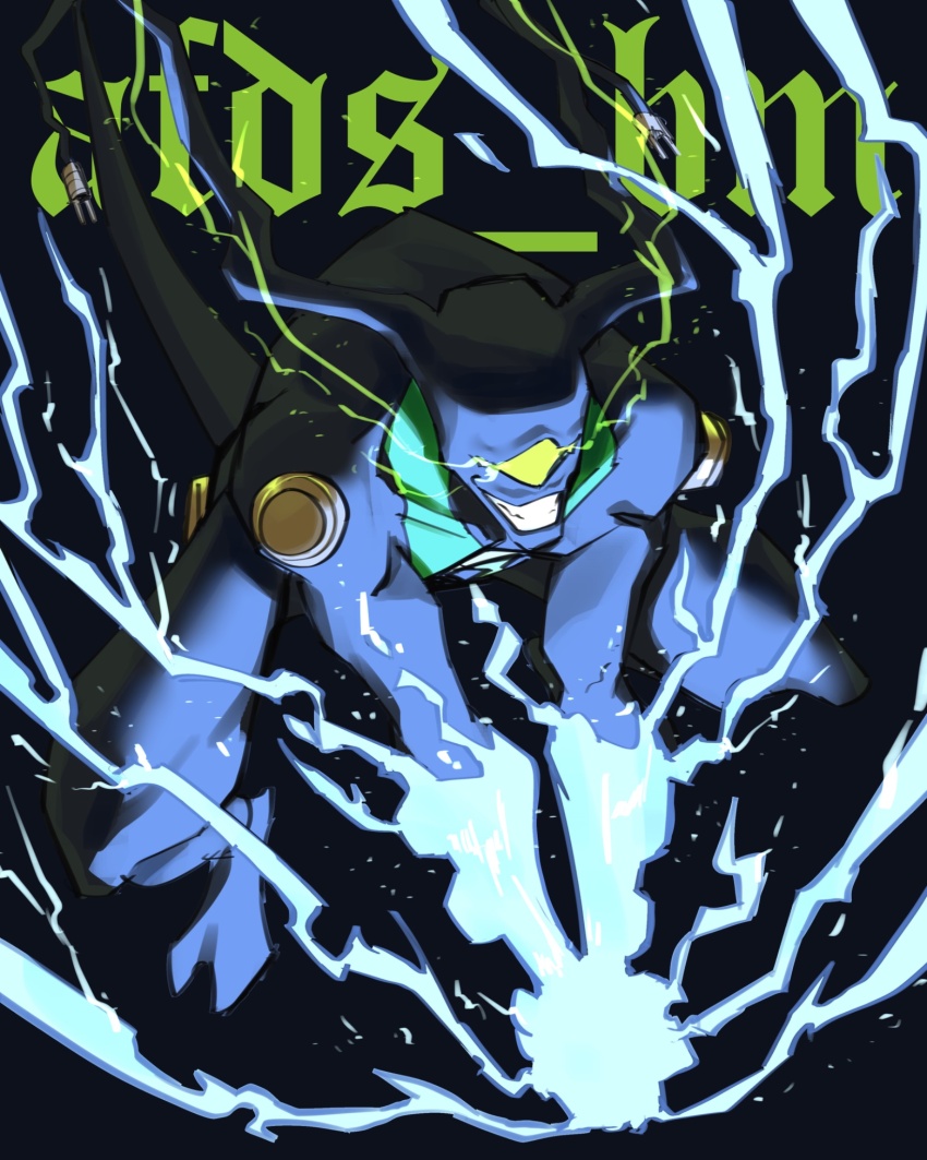 1boy afdsbm alien ben_10 ben_10:_omniverse black_background black_skin colored_skin commentary electricity english_commentary english_text eye_trail feedback_(ben_10) glowing glowing_eyes glowing_hand green_eyes grin highres light_trail male_focus no_humans one-eyed smile solo tail teeth