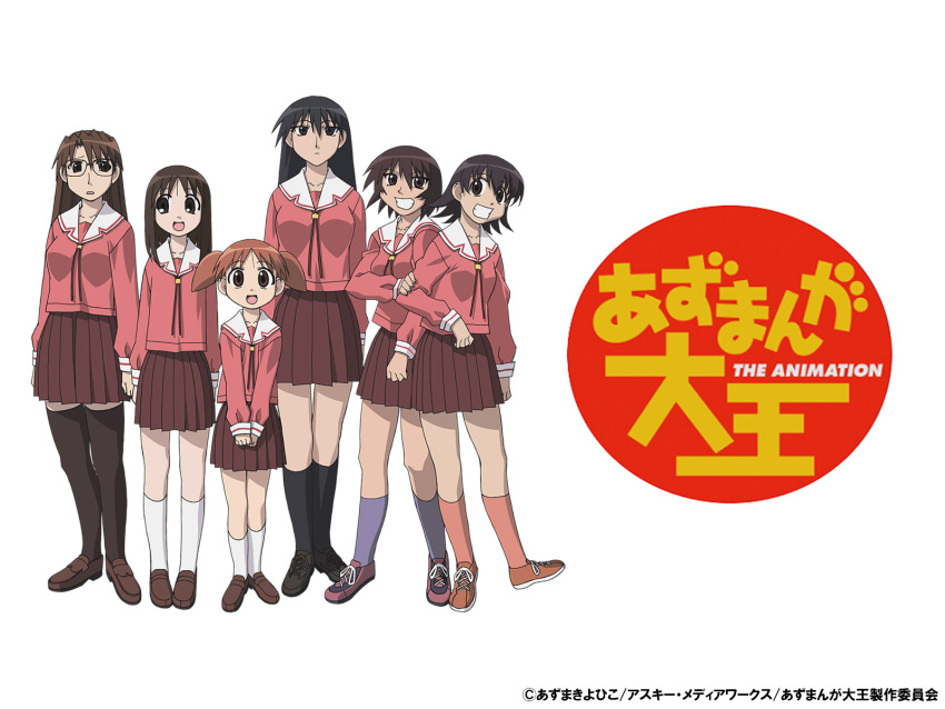 6+girls :d arm_at_side arms_at_sides artist_name azuma_kiyohiko azumanga_daiou black_eyes black_hair black_socks black_thighhighs bob_cut breasts brown_eyes brown_footwear brown_hair closed_mouth commentary copyright_name copyright_notice everyone expressionless full_body grin hair_between_eyes hand_on_another&#039;s_arm height_difference highres kagura_(azumanga_daioh) kasuga_ayumu kneehighs large_breasts loafers long_hair long_sleeves looking_ahead looking_at_viewer looking_down looking_to_the_side medium_breasts medium_hair mihama_chiyo mizuhara_koyomi multiple_girls neck_ribbon official_art open_mouth parted_lips pink_ribbon pink_serafuku pink_shirt pink_socks pleated_skirt promotional_art purple_socks red_footwear red_hair red_skirt ribbon sailor_collar sakaki_(azumanga_daioh) school_uniform serafuku shirt shoes short_hair short_twintails side-by-side simple_background skirt small_breasts smile sneakers socks standing takino_tomo thighhighs translated twintails v_arms very_long_hair white_background white_sailor_collar white_socks winter_uniform worried zettai_ryouiki