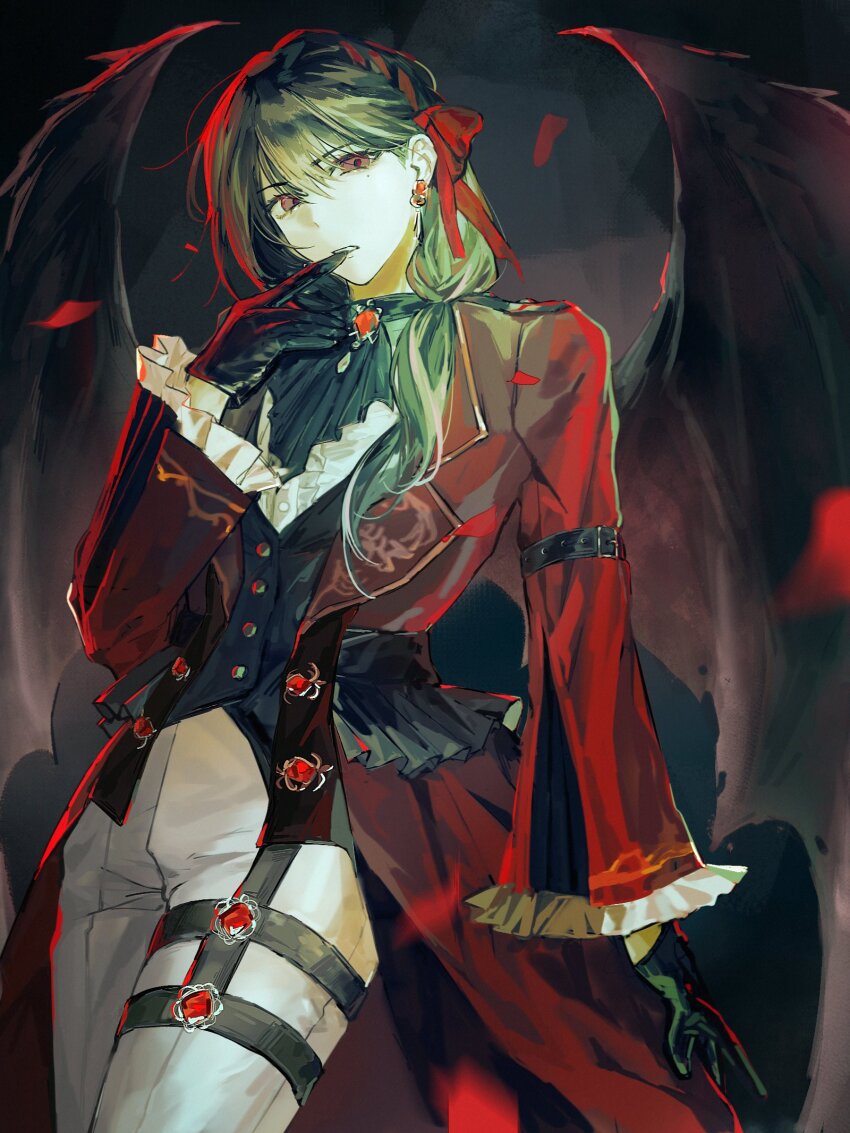 1girl arm_belt ascot bang_dream! bang_dream!_it&#039;s_mygo!!!!! bat_wings belt belt_buckle black_ascot black_background black_belt black_gloves black_vest brown_eyes buckle buttons center_frills chinese_commentary coat commentary_request cowboy_shot earrings feiyu30903448 finger_to_mouth frilled_sleeves frills gem gloves hair_between_eyes hair_ribbon head_tilt highres jewelry lapels leg_belt long_hair long_sleeves looking_at_viewer low_side_ponytail mole mole_under_eye notched_lapels official_alternate_costume official_alternate_hairstyle open_clothes open_coat pants parted_lips print_coat red_coat red_gemstone red_ribbon revision ribbon shiina_taki solo vest waistcoat white_pants wide_sleeves wings