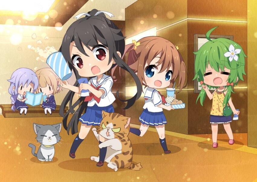 5girls ahoge bag bead_necklace beads black_hair black_socks blue_eyes blue_skirt brown_eyes brown_hair camisole cat character_request closed_eyes commentary_request denim denim_skirt food full_body green_hair handbag high_school_fleet isoroku_(haifuri) jewelry kneehighs long_hair misaki_akeno multiple_girls munetani_mashiro neckerchief necklace pleated_skirt polka_dot polka_dot_camisole polka_dot_shirt ponytail popcorn red_neckerchief ribbon sailor_collar school_uniform serafuku shirt short_sleeves skirt socks susan_reyes takamura_masaya tamonmaru_(haifuri) twintails white_sailor_collar yellow_ribbon yokosuka_girls_marine_high_school_uniform
