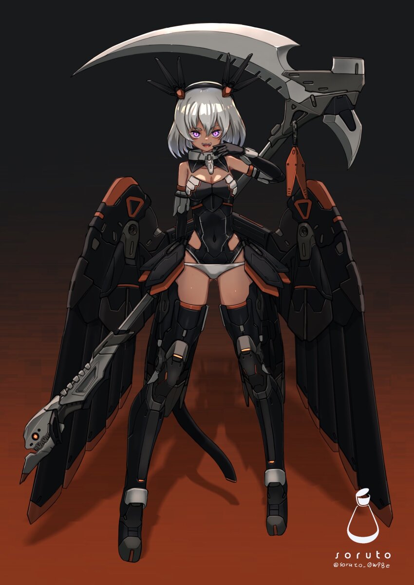 1girl 30_minutes_sisters :d absurdres black_background commentary_request dark-skinned_female dark_skin elbow_gloves full_body gloves gradient_background grey_hair headgear highres holding holding_scythe ilshana_(30ms) leotard looking_at_viewer mechanical_wings open_mouth orange_background pink_eyes scythe shadow sharp_teeth short_hair smile solo soruto_0w98e standing teeth thighhighs two-tone_background upper_teeth_only wings