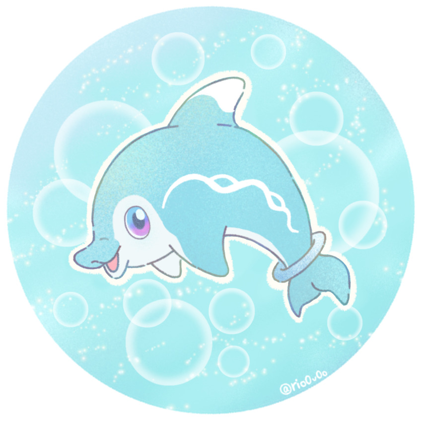 animal_focus bubble commentary_request dolphin finizen full_body game_freak gradient_eyes highres looking_at_viewer multicolored_eyes nintendo no_humans open_mouth pokemon pokemon_(creature) rio_(rio0v0o) round_image solo