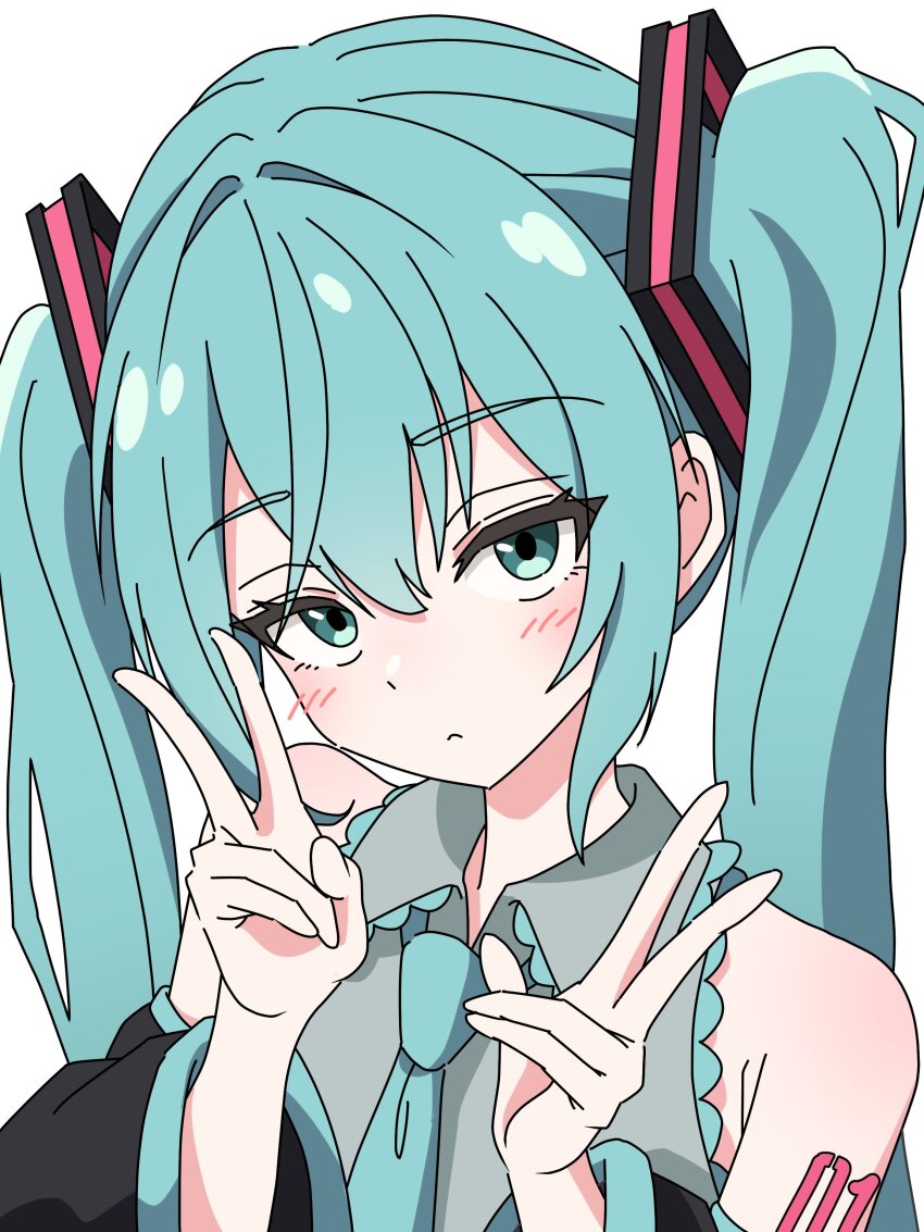 1girl absurdres aqua_eyes aqua_hair aqua_necktie bare_shoulders black_sleeves closed_mouth detached_sleeves grey_shirt hair_between_eyes hatsune_miku highres long_hair looking_at_viewer necktie portrait shirt simple_background sleeveless sleeveless_shirt solo twintails unenemiko very_long_hair vocaloid white_background