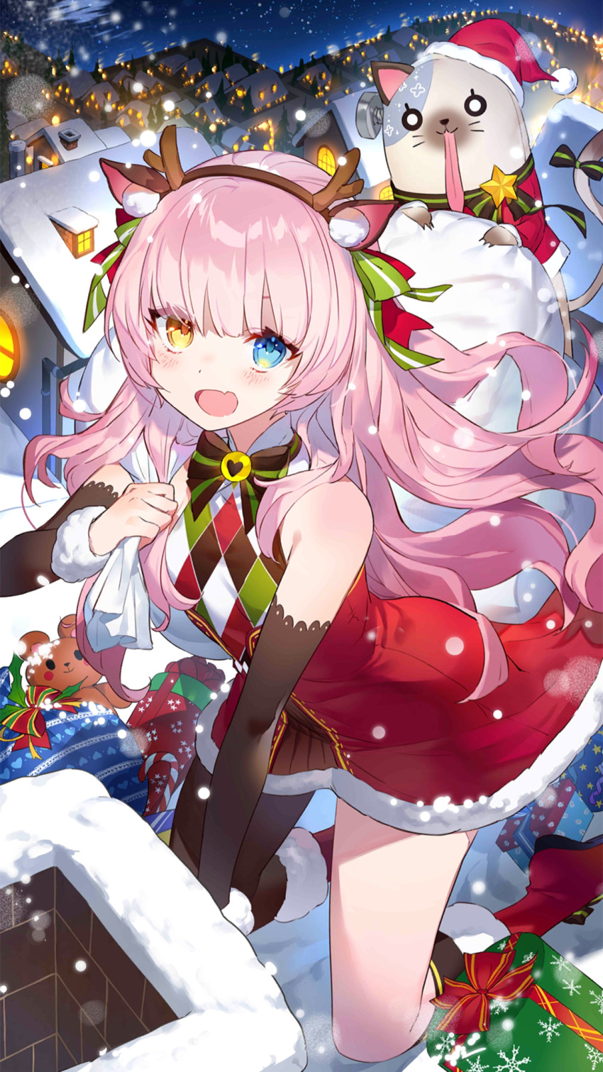 1girl :d animal_ears ankle_boots antlers arm_support arm_warmers asymmetrical_legwear bare_shoulders black_arm_warmers black_bow black_bowtie black_pantyhose black_socks blue_eyes blurry blush bokeh boots bow bowtie box chimney christmas deer_antlers deer_ears depth_of_field dress eksistere_kyrenia fake_animal_ears fake_antlers fang full_body fur-trimmed_arm_warmers fur-trimmed_boots fur-trimmed_dress fur_trim gift gift_box girl_cafe_gun hand_up hat heterochromia highres holding holding_sack horns house kneeling long_hair looking_at_viewer mountainous_horizon night night_sky official_art on_roof open_mouth outdoors pantyhose pink_hair red_boots red_dress sack santa_costume santa_dress santa_hat single_leg_pantyhose skin_fang sky sleeveless sleeveless_dress smile snow_on_roof snowing socks solo stuffed_animal stuffed_cat stuffed_toy teddy_bear uneven_legwear yellow_eyes
