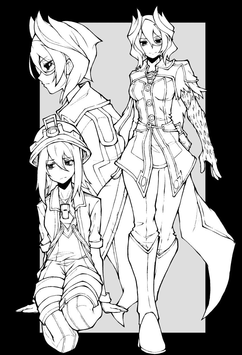 1girl absurdres aged_down arm_support averting_eyes bags_under_eyes boots border breasts cape closed_mouth colored_skin commentary gloves grey_skin greyscale hair_between_eyes headlamp highres jacket kekel looking_at_viewer made_in_abyss medium_breasts medium_hair mining_helmet monochrome multiple_views open_clothes open_jacket open_mouth outline outside_border ozen pants pouch profile shirt short_shorts short_sleeves shorts sideways_glance simple_background sitting split_mouth thigh_boots thighhighs torn_cape torn_clothes walking whistle whistle_around_neck
