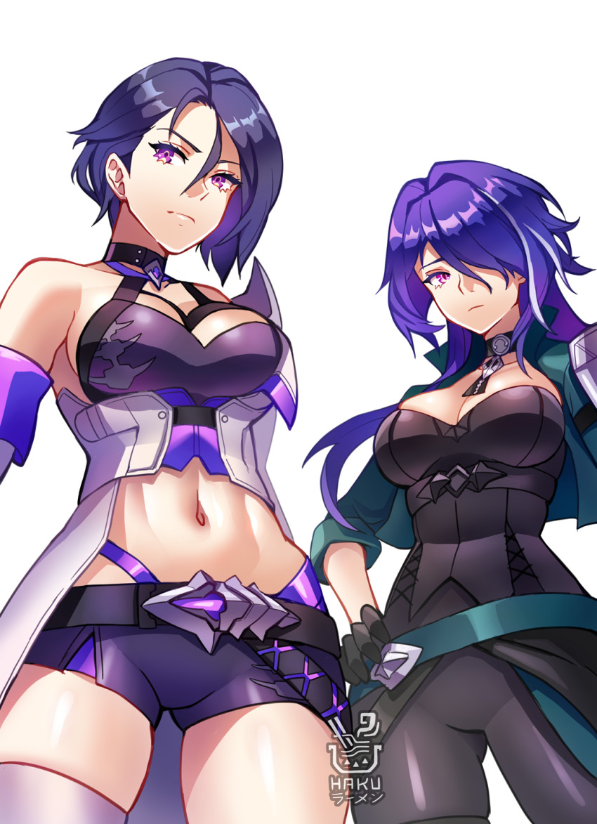2girls @storm5958 acheron_(honkai:_star_rail) acheron_(honkai:_star_rail)_(cosplay) allegra_clark black_gloves breasts choker cleavage cosplay costume_switch crossover fire_emblem fire_emblem:_three_houses gloves hair_over_one_eye hakuramen highres honkai:_star_rail honkai_(series) large_breasts long_hair looking_at_viewer medium_breasts multicolored_hair multiple_girls nintendo purple_eyes purple_hair shamir_nevrand shamir_nevrand_(cosplay) short_hair streaked_hair very_long_hair voice_actor_connection