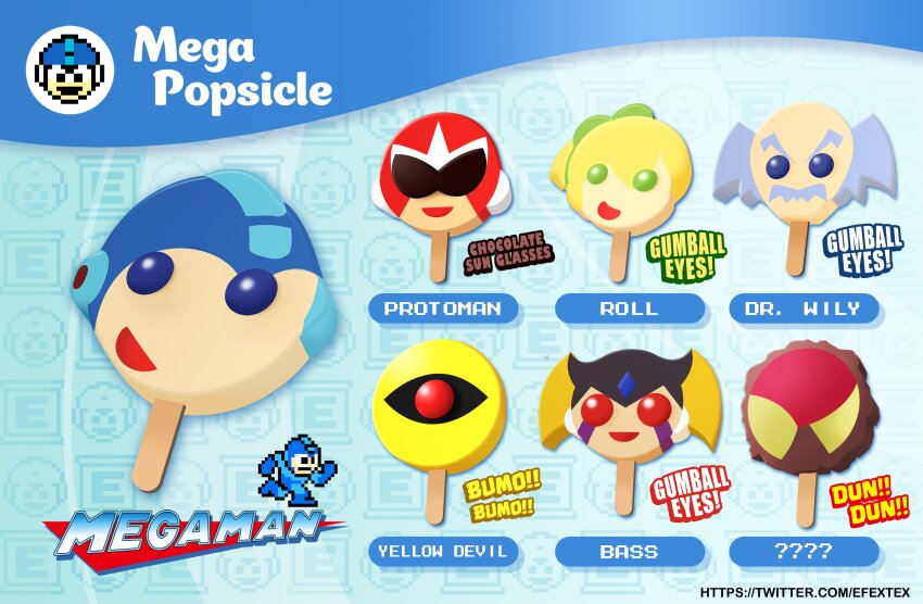 absurdres bass_(mega_man) character-themed_food character_name commentary copyright_logo copyright_name dr._wily_(mega_man) efextex english_commentary english_text fake_ad food food_focus guts_man gutsman&#039;s_ass_(meme) highres mega_man_(character) mega_man_(series) meme pixel_art_inset popsicle proto_man roll_(mega_man) twitter_username watermark web_address yellow_devil_(mega_man)