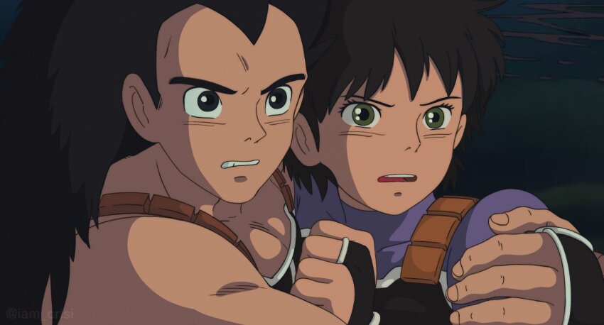 1boy 1girl arm_around_shoulder brown_hair clenched_teeth crisi dragon_ball dragonball_z green_eyes long_hair open_mouth original parody raditz saiyan saiyan_armor short_hair studio_ghibli studio_ghibli_(style) style_parody teeth upper_body v-shaped_eyebrows widow&#039;s_peak zukki_(crisi)