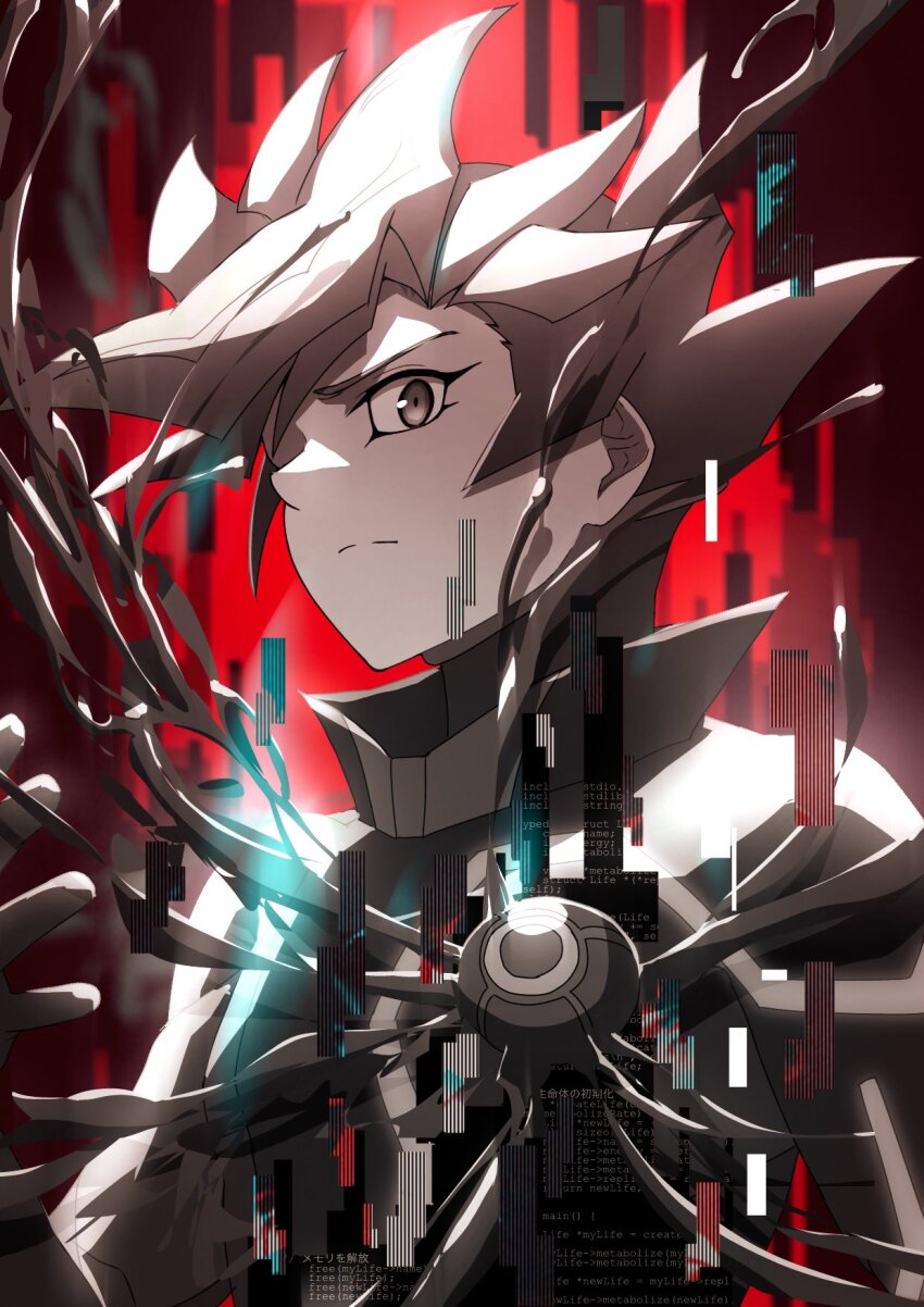1boy alternate_form arms_at_sides artificial_tentacles atltax_00 black_bodysuit black_liquid bodysuit border colored_bangs dappled_sunlight eyeball facing_to_the_side fujiki_yusaku furrowed_brow glitch grey_bodysuit grey_hair hair_over_one_eye highres light_particles liquid looking_at_viewer looking_to_the_side male_focus mechanical_tentacles monochrome monsterification non-humanoid_robot one_eye_covered ornate_border paint_splatter parasite partially_colored playmaker_(yu-gi-oh!) popped_collar red_background robot spiked_hair splatter stretched_limb sunlight transformation two-tone_bodysuit virtual_reality yellow_trim yu-gi-oh! yu-gi-oh!_vrains