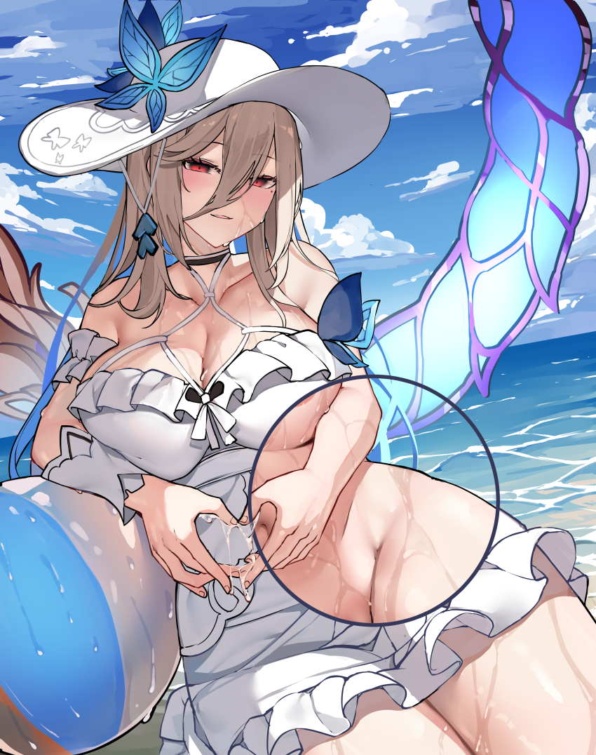 1girl absurdres aponia_(honkai_impact) aponia_(mesmerizing_blue)_(honkai_impact) areola_slip ball beach beachball blonde_hair blue_sky breasts cleavage cloud commentary day dress groin hat highres honkai_(series) honkai_impact_3rd large_breasts long_hair mole mole_under_eye navel ocean official_alternate_costume outdoors red_eyes sky solo sun_hat sundress vierzeck wet white_dress x-ray_vision