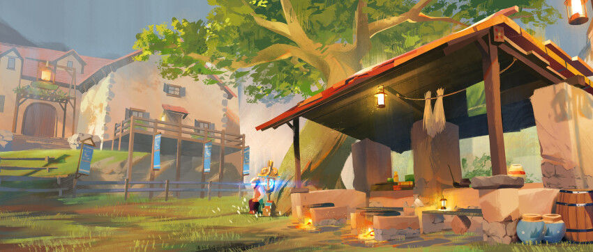 1girl absurdres barrel fire foliage glowing grass highres house lantern nature nintendo old old_woman original outdoors overcast plant pottery scenery shack shannon_xie sitting sky stairs table the_legend_of_zelda the_legend_of_zelda:_breath_of_the_wild tree wide_shot window