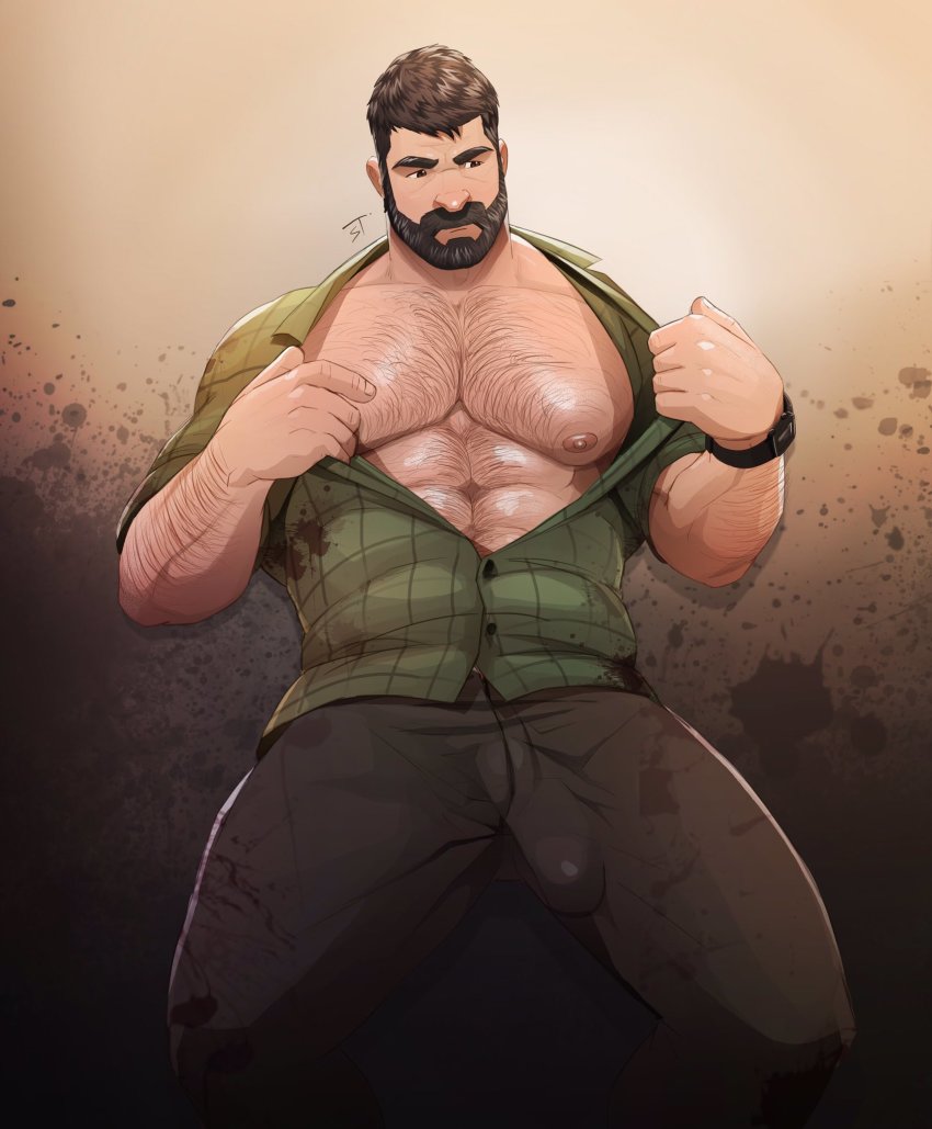 1boy abs arm_hair bara beard black_hair black_pants blood blood_on_clothes bulge chest_hair erection erection_under_clothes facial_hair green_shirt highres joel_(the_last_of_us) jojiart large_pectorals male_focus muscular muscular_male nipples pants partially_unbuttoned pectorals shirt short_hair solo the_last_of_us the_last_of_us_(series) watch wristwatch