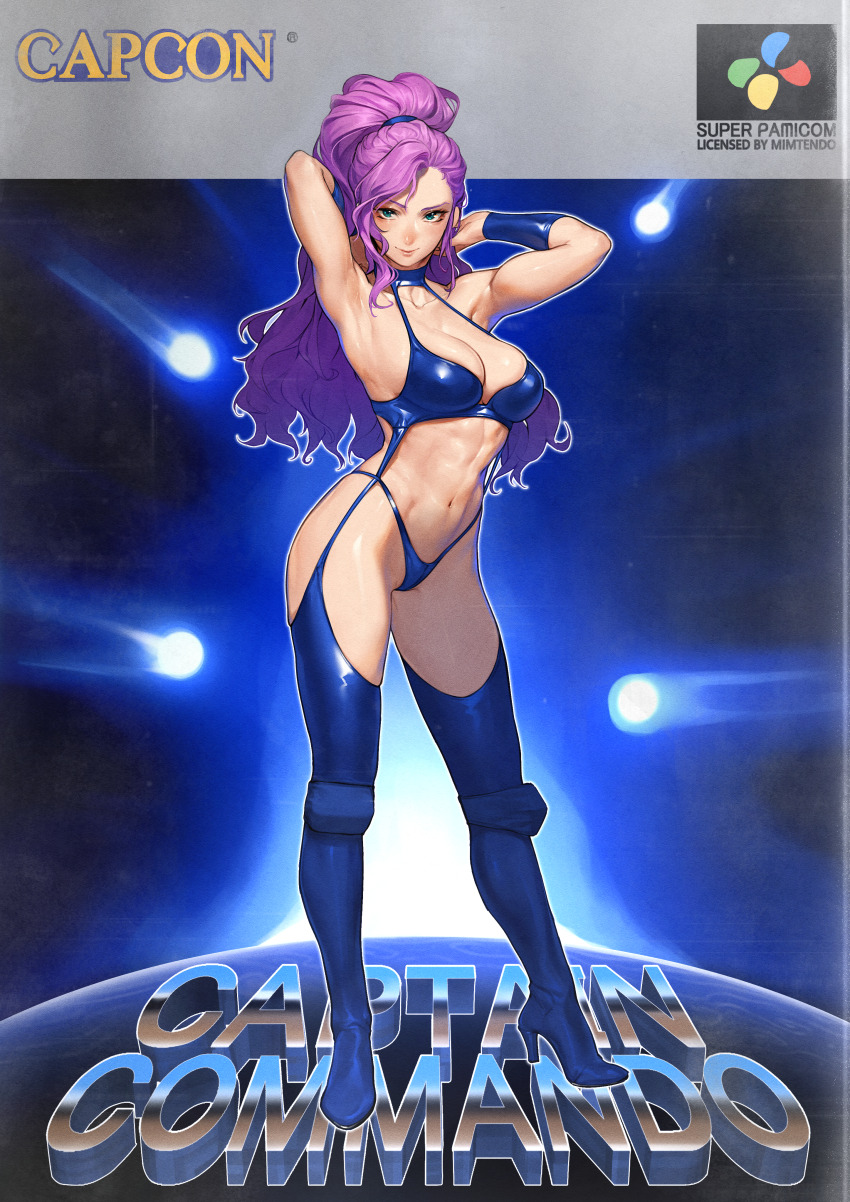 1girl absurdres adjusting_hair arms_up asymmetrical_hair beeeeen blue_boots boots bracer breasts captain_commando carol_(captain_commando) cover full_body green_eyes high_ponytail highres light_smile long_hair medium_breasts ponytail purple_hair revealing_clothes solo standing thong toned video_game_cover