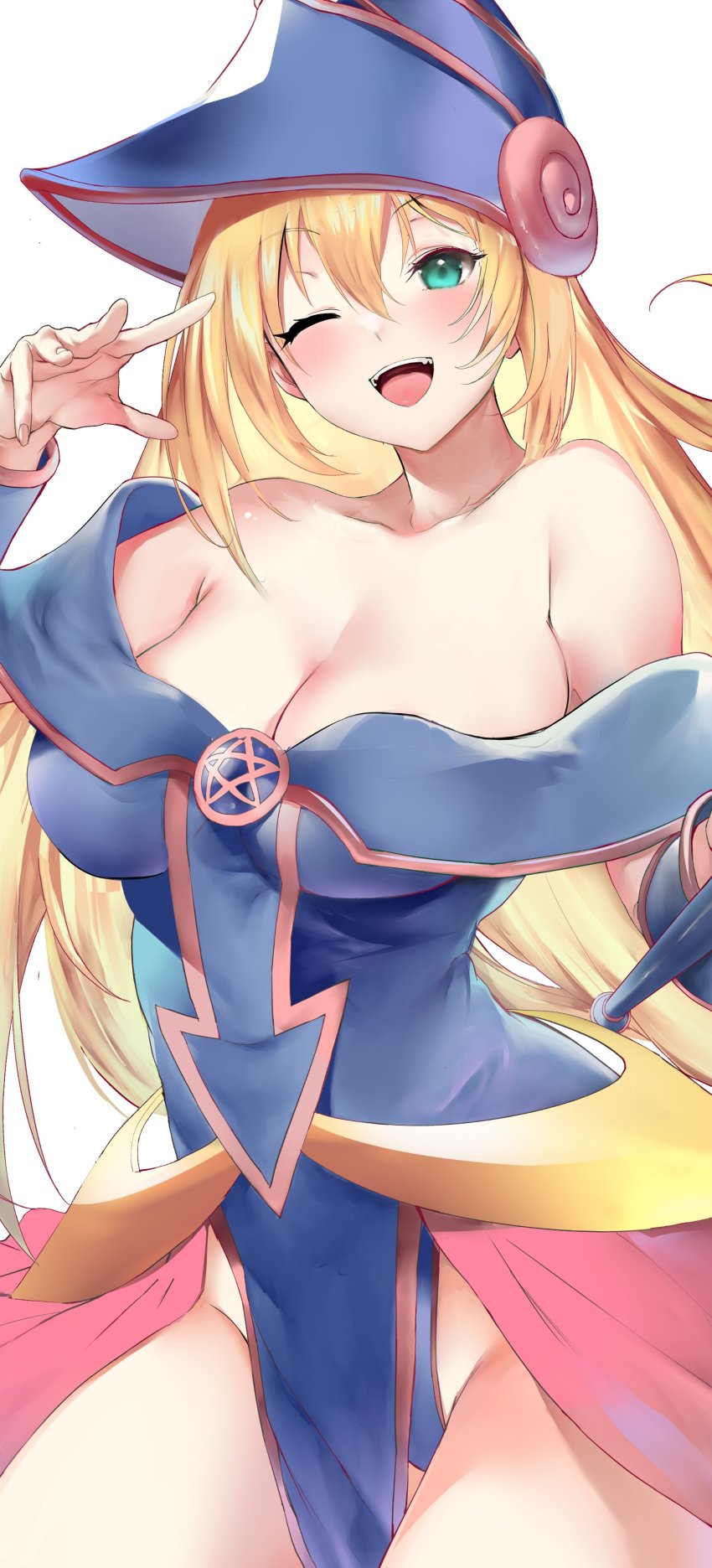 1girl absurdres arms_behind_back bare_shoulders blonde_hair blue_leotard blush blush_stickers breasts choker cleavage collarbone dark_magician_girl duel_monster green_eyes hair_between_eyes hat highleg highleg_leotard highres large_breasts leotard long_hair looking_at_viewer one_eye_closed open_mouth pelvic_curtain pentacle shino_(comic_penguin_club) smile solo thighs wizard_hat yu-gi-oh! yu-gi-oh!_duel_monsters