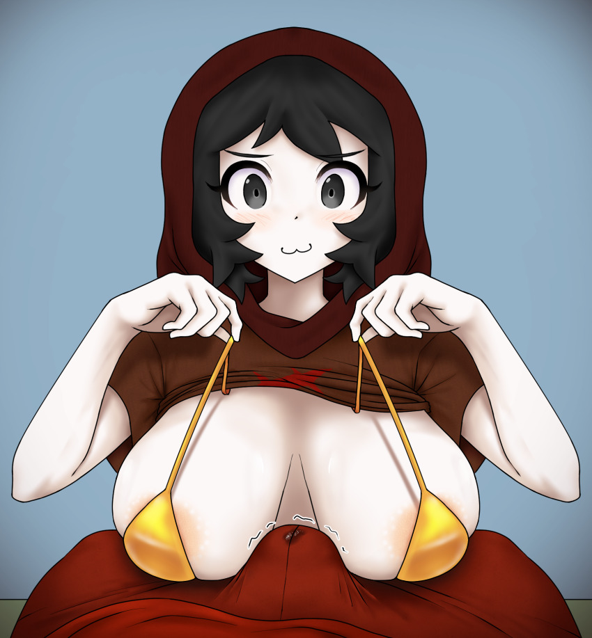 1boy 1girl :3 areola_slip bikini black_eyes black_hair blue_background blush breasts closed_mouth clothes_lift dot_nose hakayu hetero highres hood hood_up hoodie imminent_paizuri large_breasts looking_at_viewer original pov precum precum_through_clothes red_hood red_hoodie red_shorts shirt_lift short_hair shorts string_bikini string_pull swimsuit vignetting yellow_bikini