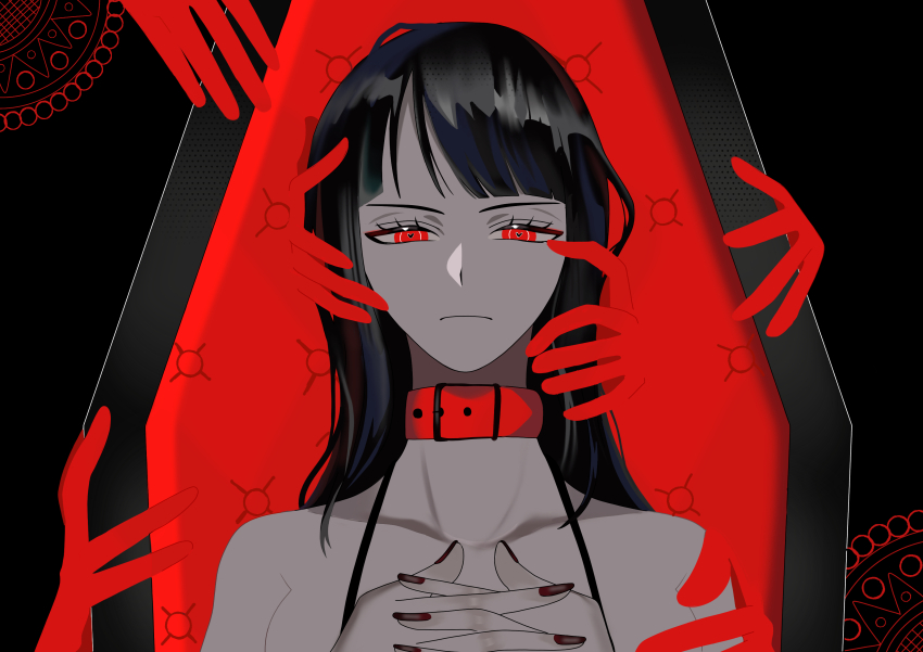 1girl absurdres black_hair blunt_bangs choker closed_mouth coffin commentary_request disembodied_hand eye_(vocaloid) eyelashes hana_hana_no_mi highres interlocked_fingers long_hair looking_at_viewer lying nico_robin one_piece red_eyes user_jumm8572