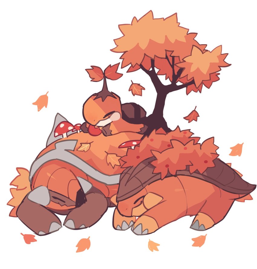 alternate_color autumn_leaves charamells closed_eyes commentary english_commentary evolutionary_line gen_4_pokemon grotle highres leaf lying mushroom nintendo no_humans on_stomach orange_theme pokemon pokemon_(creature) sketch sleeping spikes torterra tree turtwig white_background