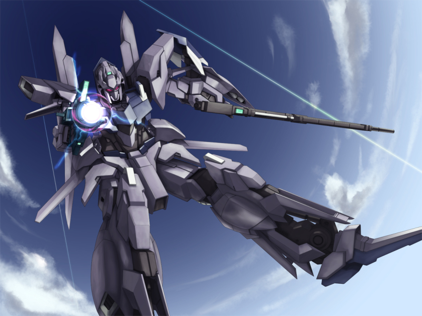 cloud day delta_plus gun gundam gundam_unicorn laser mecha nagi-kaze no_humans robot sky solo weapon