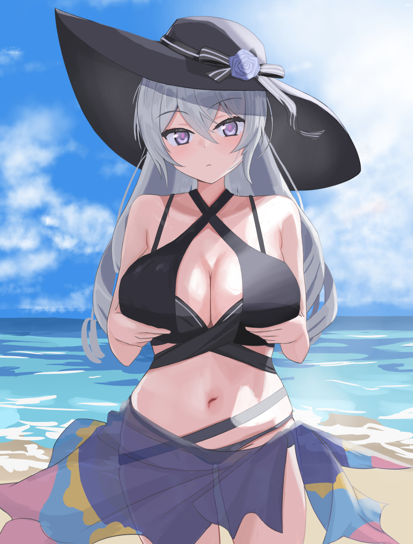 1girl absurdres beach bikini black_bikini blue_sky breasts bronya_zaychik bronya_zaychik_(silverwing:_n-ex) bronya_zaychik_(summer_2022) cleavage drill_hair grabbing_own_breast grey_eyes grey_hair hat highres honkai_(series) honkai_impact_3rd large_breasts long_hair looking_at_viewer masita_(kcsf3528) midriff navel ocean official_alternate_costume outdoors sarong see-through_clothes see-through_sarong sky sun_hat swimsuit thighs water