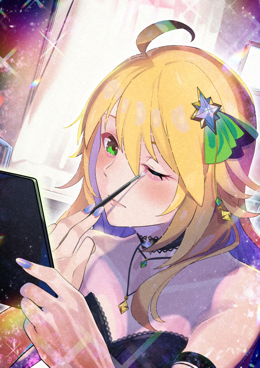 1girl absurdres ahoge applying_makeup applying_own_makeup black_choker blonde_hair choker commission doushi_tatsu_to_dekkai_no gem green_eyes green_gemstone hair_ornament highres holding holding_brush holding_makeup_brush holding_mirror hoshii_miki idolmaster idolmaster_(classic) jewelry long_hair makeup_brush mirror nail_polish one_eye_closed pendant pixiv_commission purple_nails solo sparkle star_(symbol) star_hair_ornament upper_body yellow_gemstone