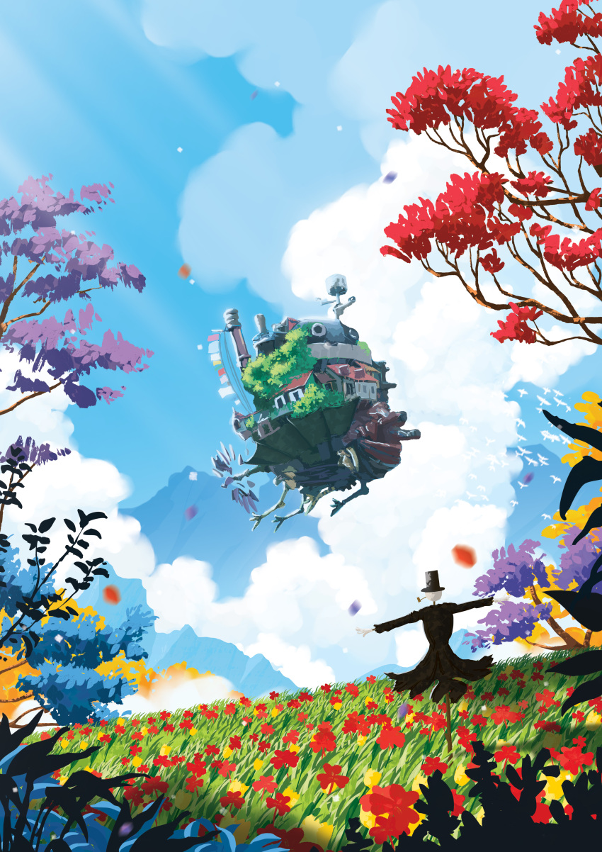 absurdres blue_sky castle cloud day fantasy field flag flock flower flower_field hat highres howl_no_ugoku_shiro kakashi_no_kabu outdoors scarecrow scenery sky studio_ghibli thomasarnaud