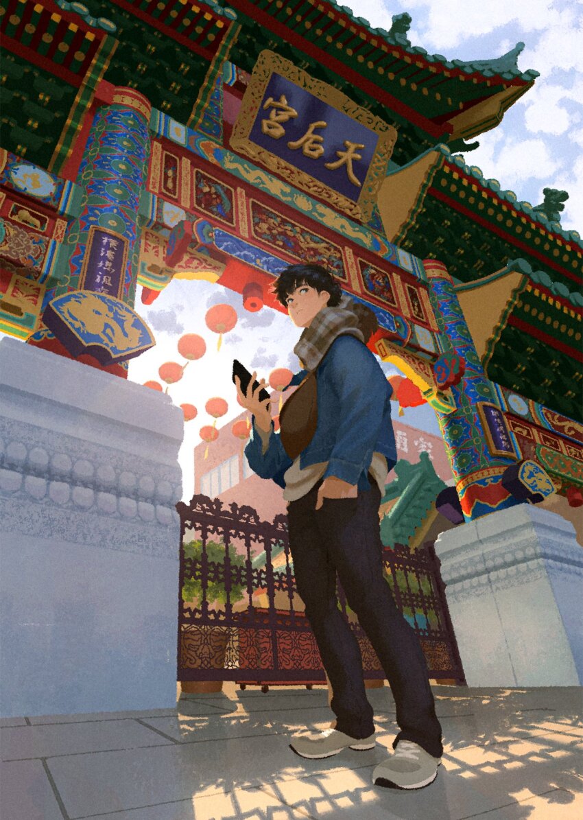 1boy architecture black_hair black_pants blue_jacket cellphone cloud cloudy_sky cover east_asian_architecture fujimoto_gold gate grey_shoes hand_in_pocket highres holding holding_phone jacket lantern male_focus novel_illustration official_art outdoors pants paper_lantern phone qilin_(mythology) scarf shoes short_hair sky smartphone solo standing statue textless_version yokohama_neighbors