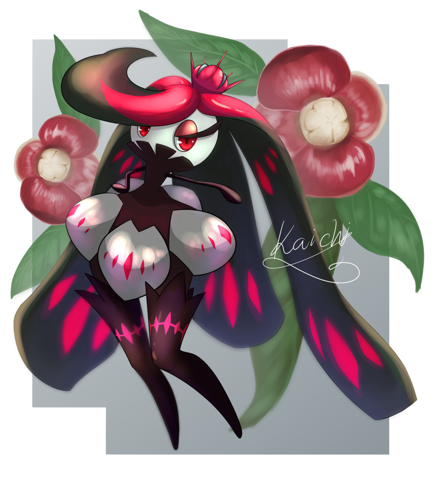 1girl absurdres alternate_color artist_name flower full_body gen_7_pokemon hand_on_own_hip highres kaichi_(tomiyu25) looking_at_viewer nintendo pokemon red_eyes tsareena wide_hips
