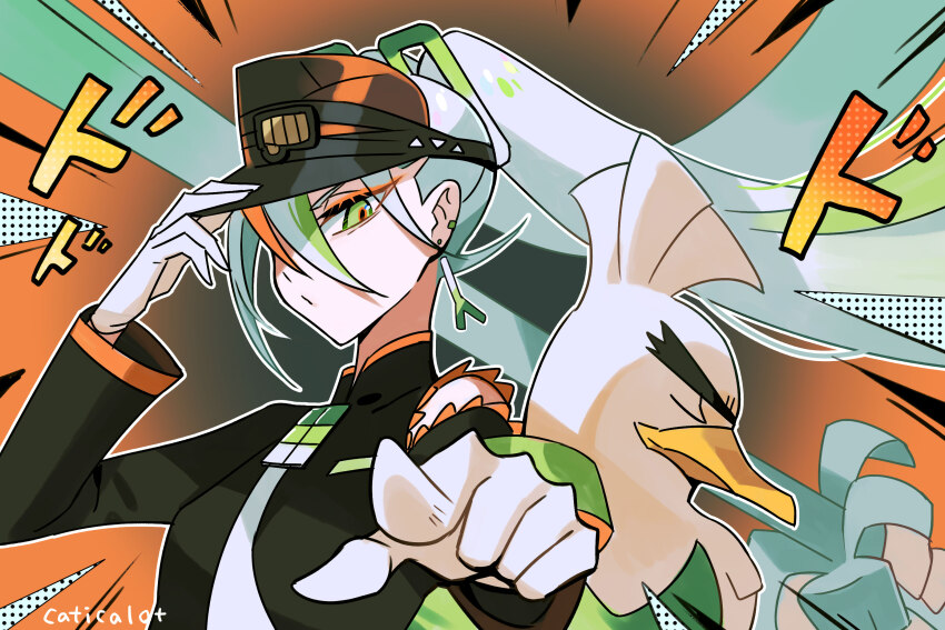 1girl artist_name bird black_hat blue_hair dodododo duck earrings eyes_visible_through_hair eyeshadow fighting_miku_(project_voltage) gen_8_pokemon green_eyes hand_on_headwear hat hatsune_miku highres jewelry jojo_pose kujo_jotaro&#039;s_pose_(jojo) light_blue_hair light_green_hair long_hair makeup mooopl multicolored_eyes multicolored_hair necktie nintendo orange_eyes orange_eyeshadow orange_hair orange_hat orange_trim pointing pointing_at_viewer pokemon pokemon_(creature) project_voltage sirfetch&#039;d solo spring_onion spring_onion_earrings streaked_hair tsurime twintails visor_cap vocaloid white_necktie