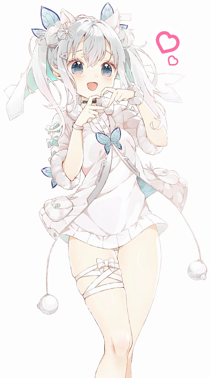 1girl animal_ear_fluff animal_ears blue_eyes blush bug butterfly commentary_request double_bun fur-trimmed_jacket fur-trimmed_sleeves fur_trim gluteal_fold goddess_of_victory:_nikke hair_between_eyes hair_bun hair_ornament heart heart_hands highres insect jacket looking_at_viewer manatsuki_manata n102_(miracle_fairy)_(nikke) n102_(nikke) open_mouth scrunchie short_sleeves simple_background skindentation solo triangle_hair_ornament white_background white_jacket white_scrunchie wrist_scrunchie