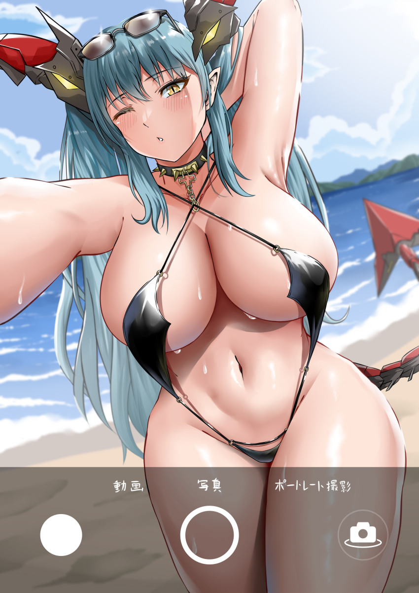 1girl absurdres arm_behind_head azur_lane beach black_choker black_slingshot_swimsuit breasts choker cowboy_shot criss-cross_halter curvy dragon_horns dutch_angle eyewear_on_head fake_phone_screenshot fake_screenshot halterneck highres horns huge_breasts long_hair looking_at_viewer mechanical_horns mechanical_tail navel official_alternate_costume one_eye_closed reaching reaching_towards_viewer red_horns regensburg_(azur_lane) regensburg_(dark_dragon_brilliant_beach)_(azur_lane) selfie sixthone3 slingshot_swimsuit slit_pupils solo spiked_choker spikes summer sweat sweatdrop swimsuit tail taking_picture water yellow_eyes