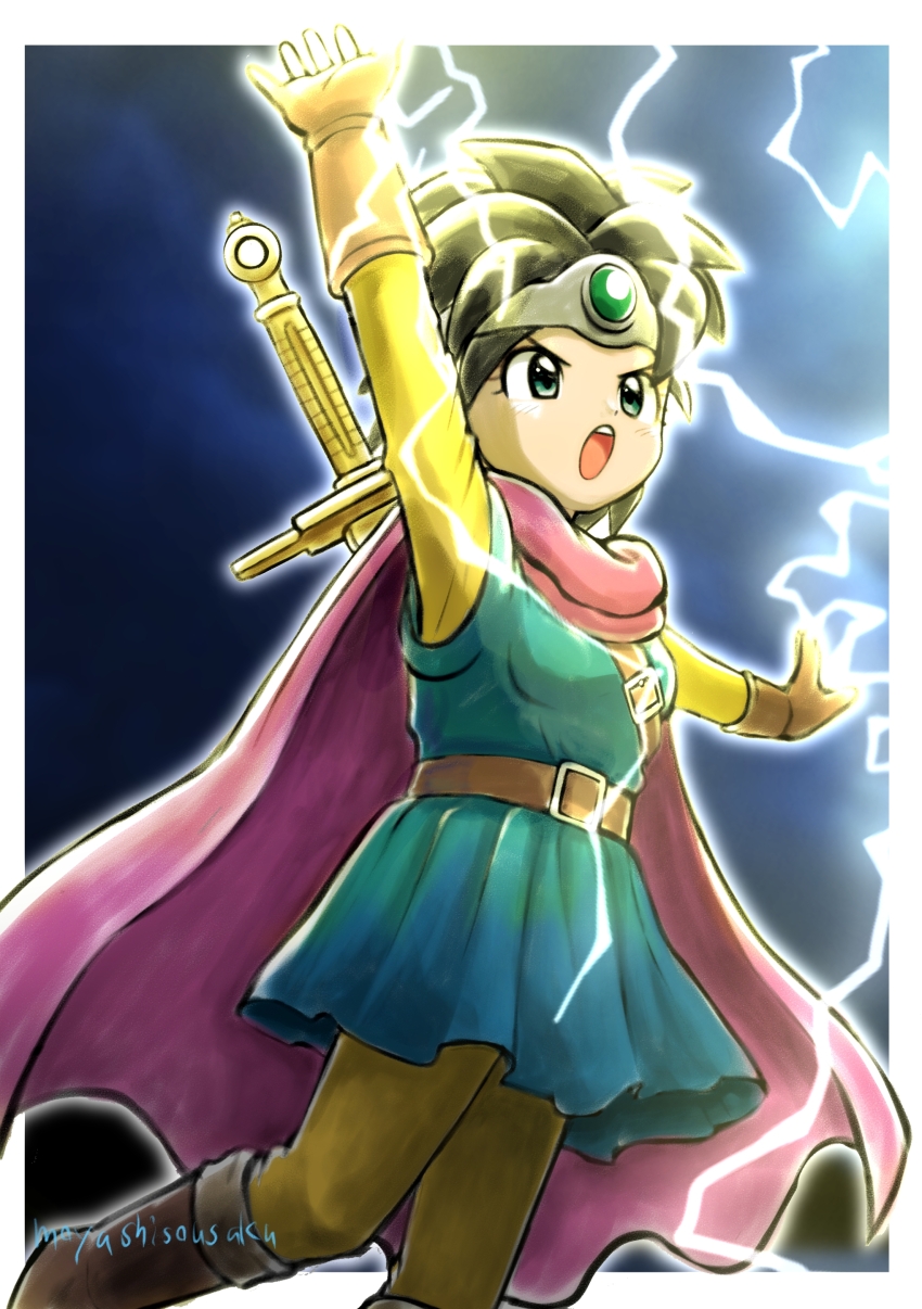 1girl absurdres arm_up artist_name belt belt_buckle black_hair blue_dress blue_eyes bodysuit boots border brown_boots buckle cape circlet commentary dragon_quest dragon_quest_iii dress electricity feet_out_of_frame gloves heroine_(dq3) highres moyapippi open_mouth outside_border purple_cape roto_(dq3) short_hair solo spiked_hair sword sword_on_back symbol-only_commentary weapon weapon_on_back white_border yellow_bodysuit