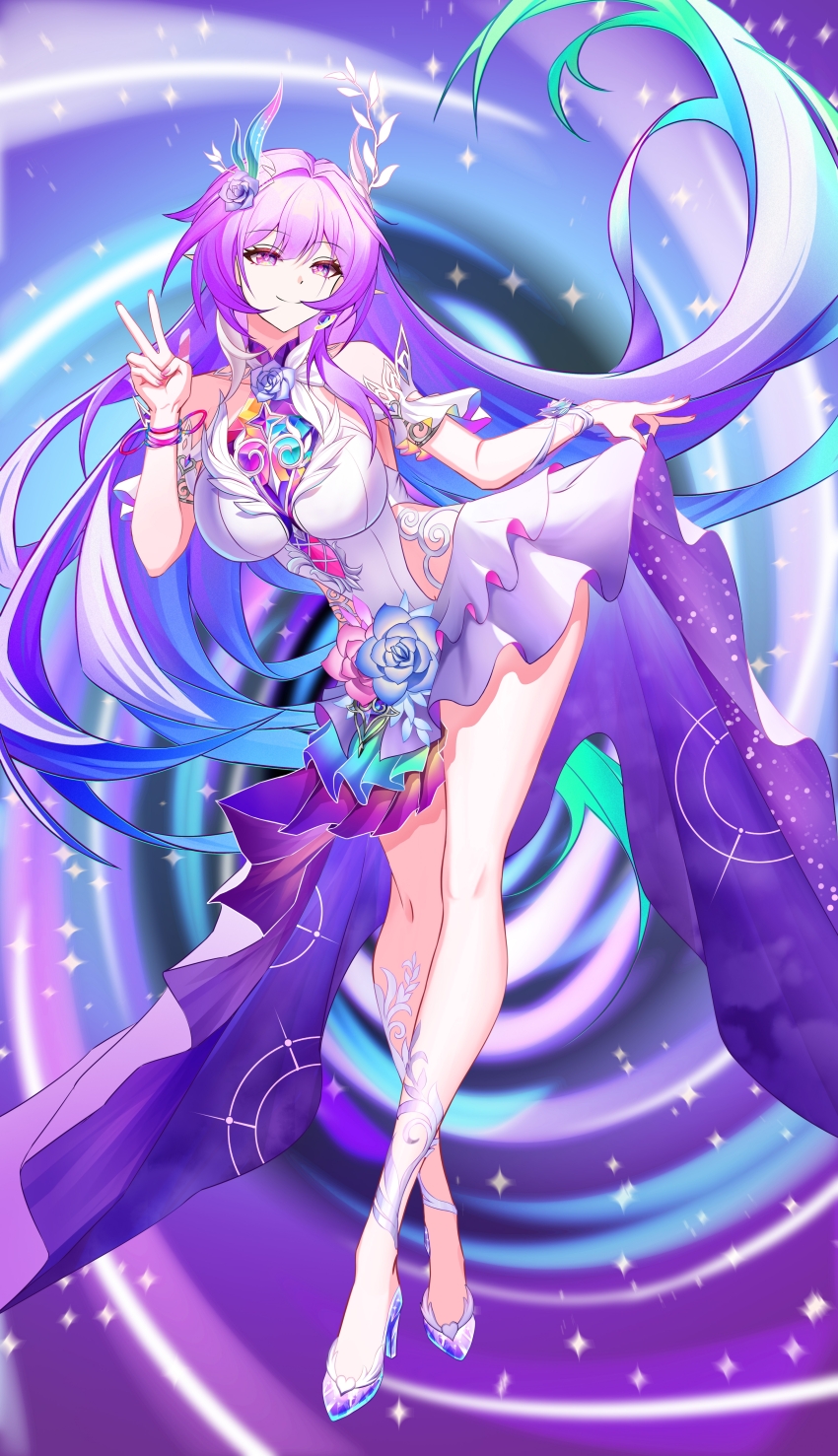 1girl absurdres alternate_hair_color aqua_eyes bare_shoulders breasts chinese_commentary clothing_cutout colorful_background commentary_request cyrene_(honkai:_star_rail) cyrene_(ripples_of_past_reverie)_(honkai:_star_rail) diamond-shaped_pupils diamond_(shape) dress earrings full_body high_heels highres honkai:_star_rail honkai_(series) jewelry large_breasts lin8334201 long_hair looking_at_viewer multicolored_hair pointy_ears purple_eyes purple_hair side_cutout smile solo symbol-shaped_pupils thighs v very_long_hair white_dress white_hair