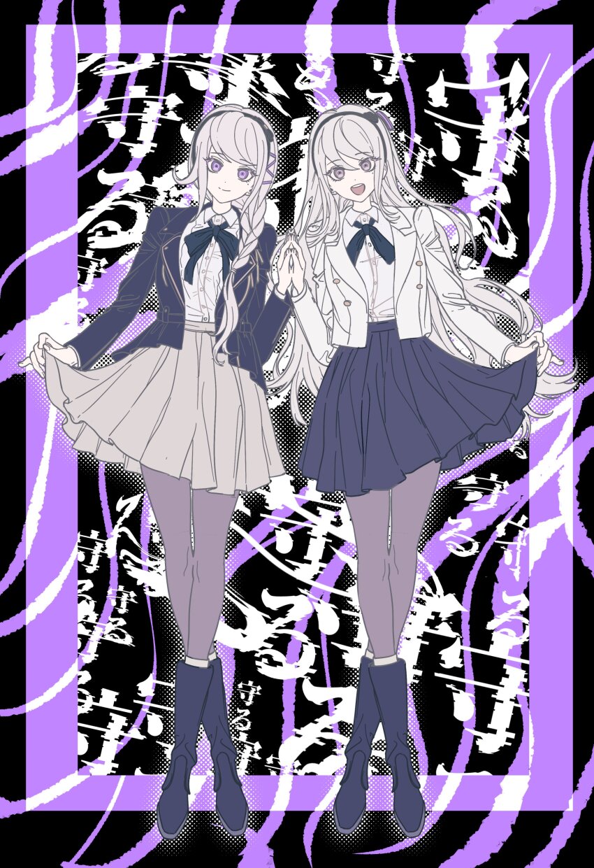 2girls black_background black_bow black_flower black_hairband black_headband blue_ribbon bow braid braided_ponytail closed_mouth clothes_lift female_focus fingernails flower full_body hair_bow hair_flower hair_ornament hairband headband jacket kashimiya_karua kirifuji_nozomi long_hair long_sleeves looking_at_viewer mole mole_under_eye multiple_girls neck_ribbon open_mouth pabitelsafe3 pantyhose pleated_skirt purple_background purple_jacket purple_skirt ribbon shirt simple_background skirt skirt_lift smile teeth the_hundred_line_-last_defense_academy- upper_teeth_only white_background white_hair white_jacket white_shirt white_skirt
