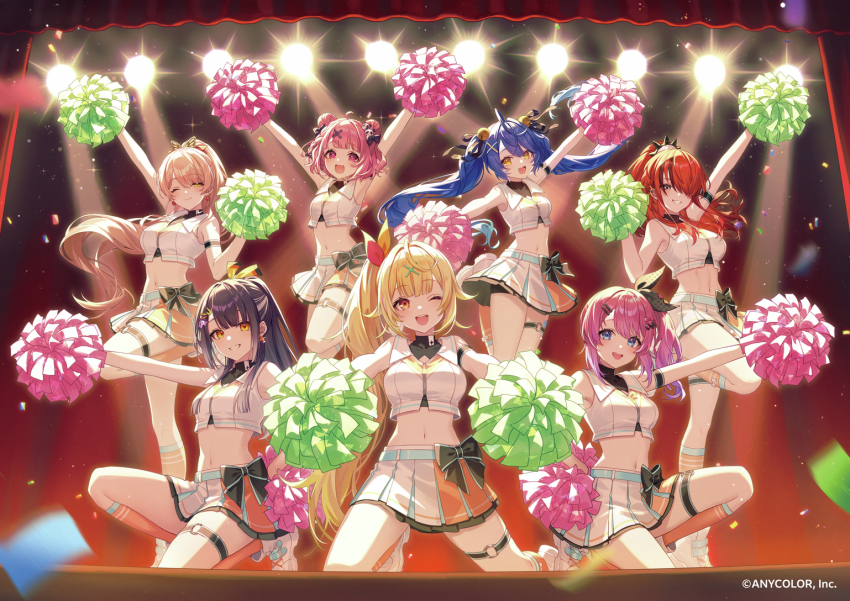 6+girls :d ;d abs amamiya_kokoro arms_up bell blonde_hair blue_eyes blue_hair breasts cheerleader closed_eyes confetti copyright_notice grin hair_bell hair_between_eyes hair_ornament high_ponytail hoshikawa_sara jumping kneeling kuramochi_meruto lain_paterson medium_breasts midriff multiple_girls navel nijisanji nui_sociere official_alternate_costume official_art one_eye_closed open_mouth pink_eyes pink_hair pleated_skirt pom_pom_(cheerleading) ponytail purple_hair red_hair sasaki_saku side_ponytail skirt small_breasts smile squatting stage stage_lights standing standing_on_one_leg toned toned_female twintails umise_yotsuha virtual_youtuber yellow_eyes