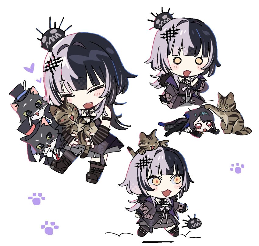2girls animal animal_ears animal_on_head arm_strap black_boots black_dress black_hair black_hat black_jacket blush_stickers boots cat cat_ears cat_girl cat_tail chibi chibi_only closed_eyes crying dress fallen_down fangs fur-trimmed_jacket fur_trim grey_hair hair_ornament happy hat heart highres hololive hololive_english jacket kemonomimi_mode long_hair long_sleeves multicolored_hair multiple_girls multiple_views nerissa_ravencroft nerissa_ravencroft_(1st_costume) nyakuza_(shiori_novella) o_o on_head open_clothes open_jacket open_mouth red_eyes shiori_novella shiori_novella_(1st_costume) simple_background sleeveless sleeveless_dress sleeves_past_wrists smile split-color_hair tail tears top_hat two-tone_hair virtual_youtuber walking white_background yellow_eyes yomosaka yorick_(shiori_novella)