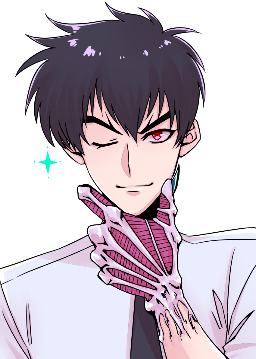 1boy absurdres black_hair black_necktie hand_on_own_chin highres jigoku_sensei_nube lips looking_at_viewer male_focus necktie nr.zehn nueno_meisuke one_eye_closed red_eyes shirt short_hair solo upper_body white_shirt