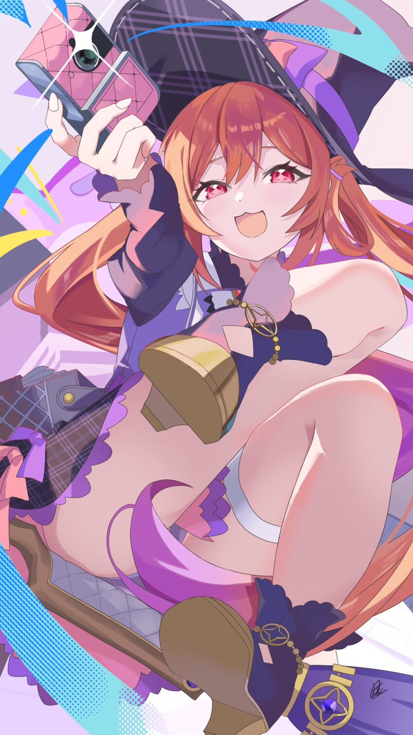 +_+ 1girl :3 :d bag black_dress black_hat blush bow broom broom_riding camera dress esu_3101 fingernails hat hat_bow high_heels highres holding holding_camera juliet_sleeves long_fingernails long_hair long_sleeves looking_at_viewer mistique_(stella_sora) open_mouth orange_hair puffy_sleeves purple_bow purple_hat red_eyes shoulder_bag simple_background smile solo stella_sora thigh_strap thighs twintails very_long_hair white_background witch_hat