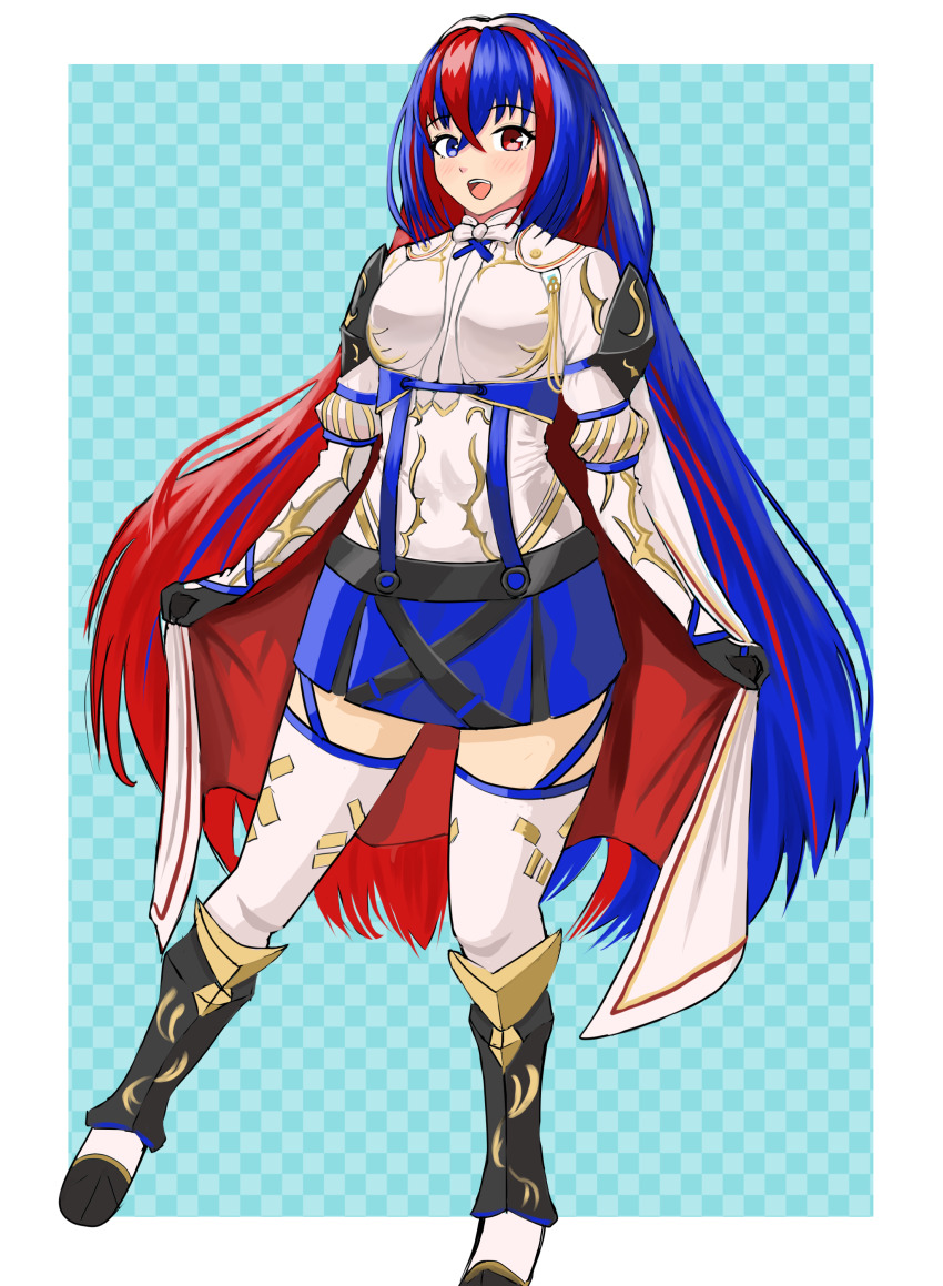 1girl absurdres blue_eyes blue_hair braid breasts crossed_bangs crown_braid female_alear_(fire_emblem) fire_emblem fire_emblem_engage hair_between_eyes heterochromia highres kurorami long_hair looking_at_viewer medium_breasts multicolored_hair nintendo red_eyes red_hair solo split-color_hair tiara two-tone_hair very_long_hair