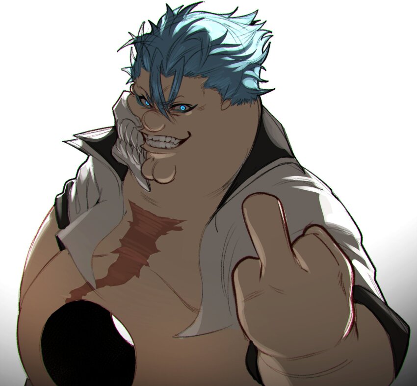 1boy bleach blue_eyes blue_hair cleft_chin cosplay family_guy fat fat_man grimmjow_jaegerjaquez grimmjow_jaegerjaquez_(cosplay) highres hole_in_stomach hole_on_body kowai_(iamkowai) male_focus middle_finger peter_griffin scar scar_on_chest short_hair solo white_background