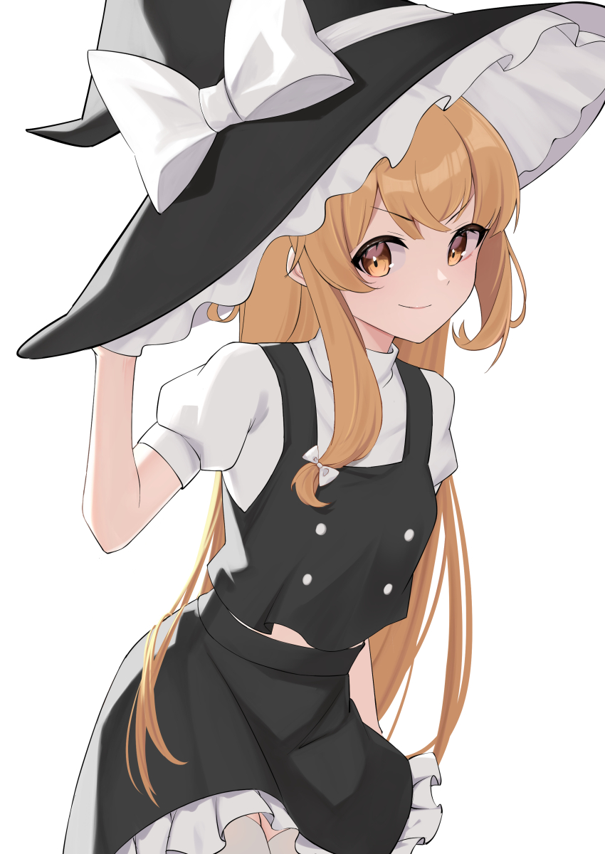1girl absurdres black_skirt black_vest blonde_hair blush bow breasts buttons commentary_request cowboy_shot frilled_hat frilled_skirt frills hat hat_bow highres kirisame_marisa long_hair looking_at_viewer oeyama paid_reward_available puffy_short_sleeves puffy_sleeves shirt short_sleeves simple_background skirt skirt_set small_breasts solo thighhighs touhou v-shaped_eyebrows very_long_hair vest white_background white_bow white_shirt white_thighhighs witch_hat yellow_eyes