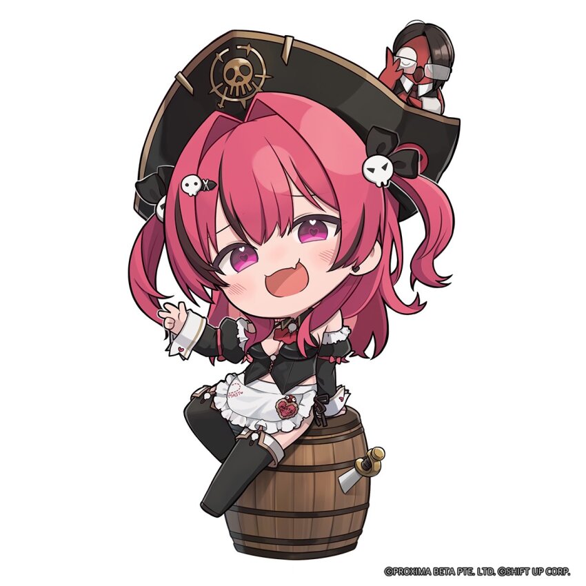 1girl apron barrel bird black_hat boots bow breasts chibi commentary earrings english_commentary fang frilled_apron frills full_body glasses goddess_of_victory:_nikke hair_intakes hair_ornament hairclip hat heart heart-shaped_pupils highres jewelry juliet_sleeves long_hair long_sleeves looking_at_viewer mast_(nikke) mast_(romantic_maid)_(nikke) medium_breasts morgan_(nikke) multicolored_hair no_nose official_art open_mouth parrot pink_hair pirate_hat puffy_sleeves sitting skin_fang skull_hair_ornament streaked_hair sword symbol-shaped_pupils thigh_boots totatokeke w waist_apron weapon white_apron