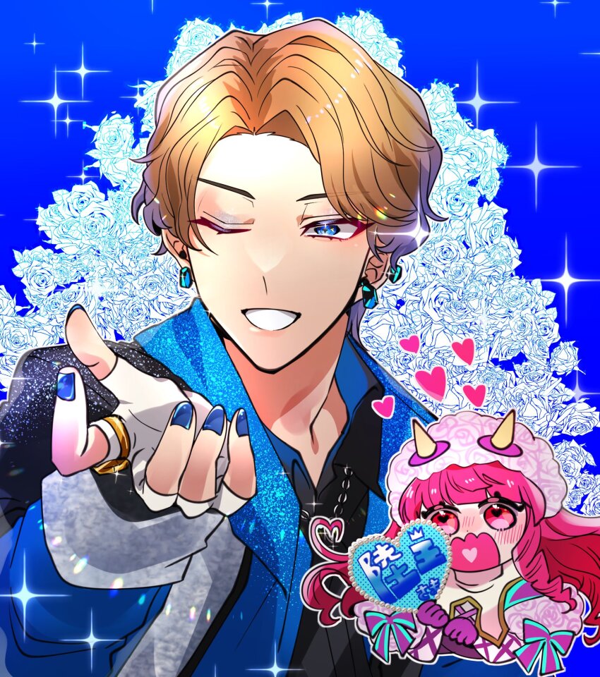 10070414 1boy 1girl black_shirt blue_background blue_eyes blue_nails blue_shirt blush boquet_(super_sentai) brown_hair byakuya_rikuo commentary_request curly_sidelocks earrings fake_horns fingerless_gloves flower gloves grin heart highres holding holding_sign horn_hairband horns jewelry long_hair no.1_sentai_gozyuger one_eye_closed open_mouth pink_eyes pink_hair purple_gloves rose sentai_ring shirt short_hair sign smile sparkle super_sentai tokusatsu upper_body white_gloves