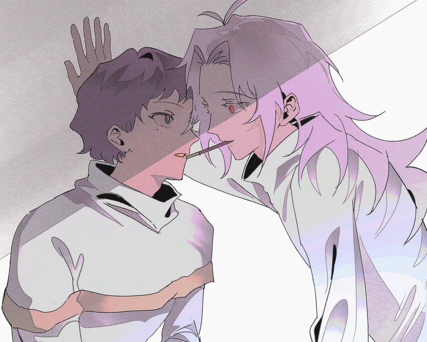 2boys antenna_hair black_eyes black_hair capelet colored_eyelashes commentary_request film_grain gold_trim hand_on_wall hatsutori_hajime high_collar incoming_pocky_kiss korean_commentary long_hair male_focus multiple_boys open_mouth pink_hair red_eyes saibou_shinkyoku shirt temu_(temp_mumu) utsugi_noriyuki white_capelet white_shirt yaoi