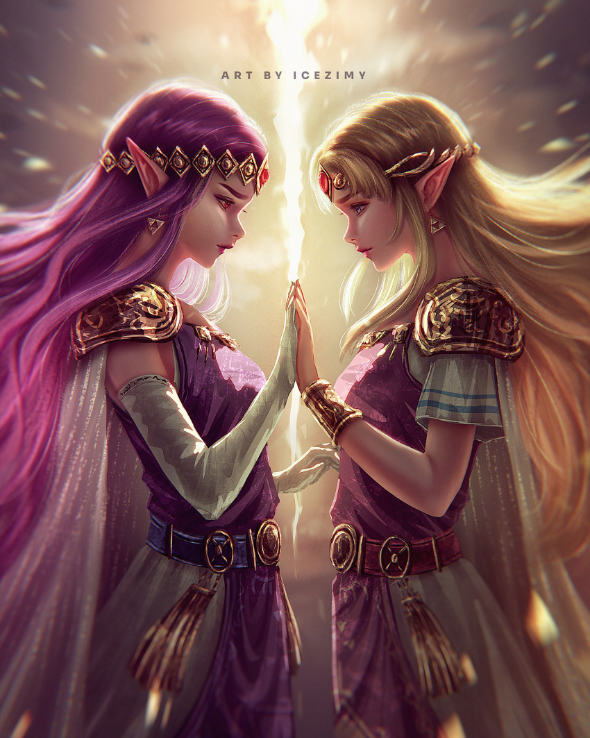 2girls armor artist_name belt belt_buckle blonde_hair blue_belt blue_eyes bracer breasts buckle cape closed_mouth commentary cowboy_shot curtained_hair detached_sleeves dress earrings english_commentary english_text gem gold_bracer gold_tiara hand_on_another&#039;s_hand highres icezimy jewelry light_smile long_hair looking_at_another medium_breasts multiple_girls nintendo parted_bangs pauldrons pink_dress pointy_ears princess princess_hilda princess_zelda purple_dress purple_hair red_belt red_eyes red_gemstone short_sleeves shoulder_armor sidelocks sleeveless sleeveless_dress standing tassel the_legend_of_zelda the_legend_of_zelda:_a_link_between_worlds tiara triforce two-tone_dress white_cape white_dress white_sleeves