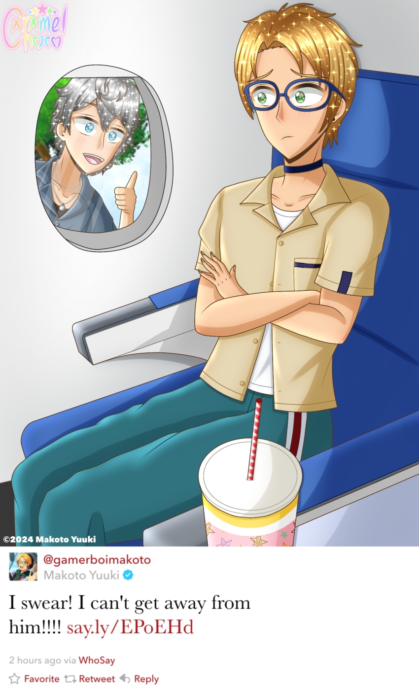 2boys aircraft airplane airplane_interior aqua_eyes aqua_pants artist_name black_shirt blonde_hair blue-framed_eyewear blue_choker breast_pocket brown_shirt chain chain_necklace choker closed_mouth commentary constricted_pupils crossed_arms cup cxrxmelchoco disposable_cup drink drinking_straw earrings english_commentary english_text ensemble_stars! frown furrowed_brow glasses green_eyes grey_hair grey_shirt highres jewelry layered_clothes layered_shirt looking_at_another male_focus meme messy_hair multiple_boys necklace official_art_inset open_mouth pants partially_unbuttoned pocket sena_izumi_(ensemble_stars!) shirt short_hair short_sleeves signature sitting sky smile social_media_composition social_network sparkle stalking stud_earrings thumbs_up tree white_shirt wide-eyed window worried yuuki_makoto_(ensemble_stars!)