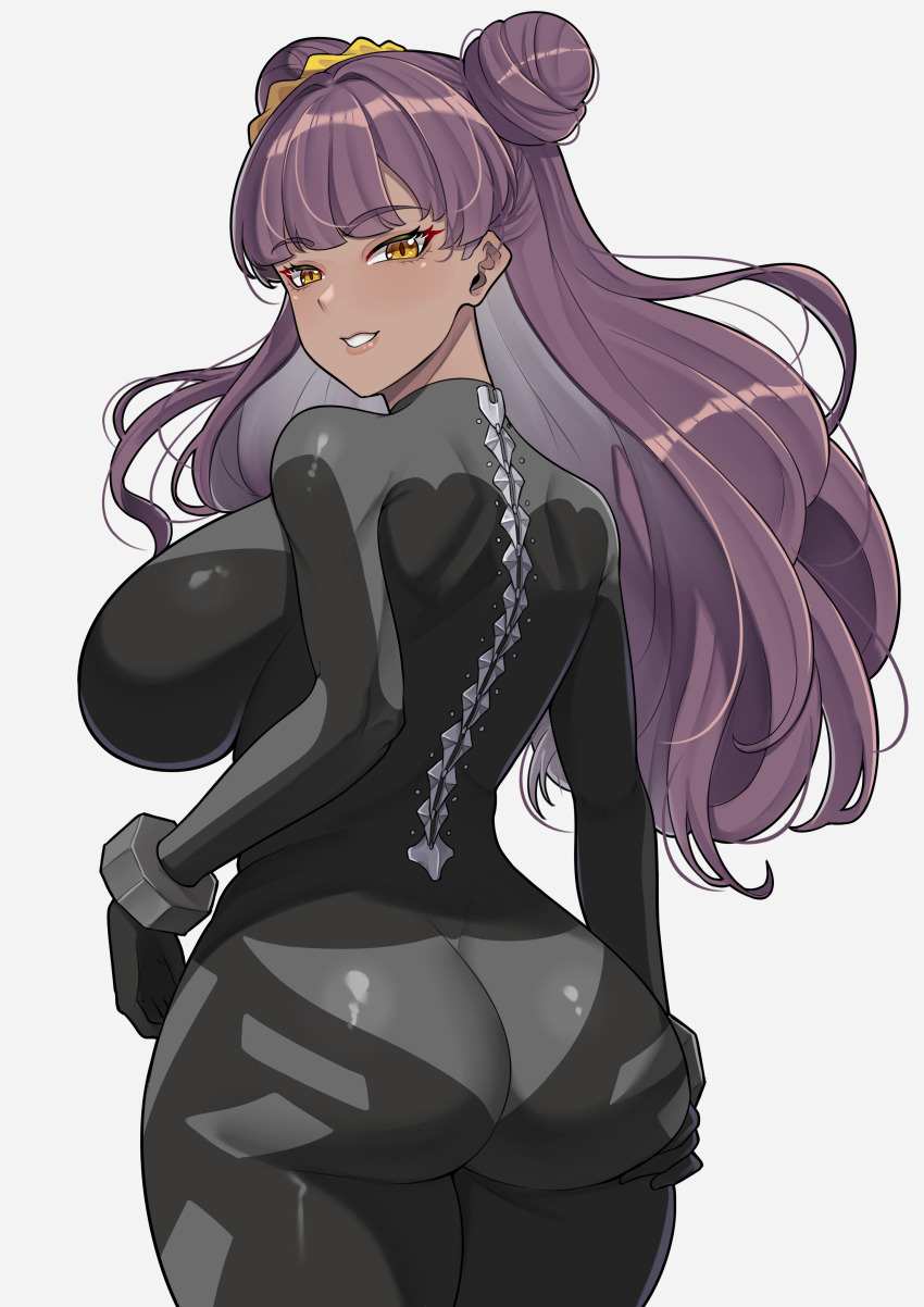 1girl absurdres adaku_okoro ass band-width black_bodysuit bodysuit breasts commission dark-skinned_female dark_skin double_bun eyelashes from_behind grey_bodysuit hair_bun hand_on_own_ass highres large_breasts lips long_hair looking_back purple_hair smile solo spine tatakau_ni_atai_suru two-tone_bodysuit yellow_eyes