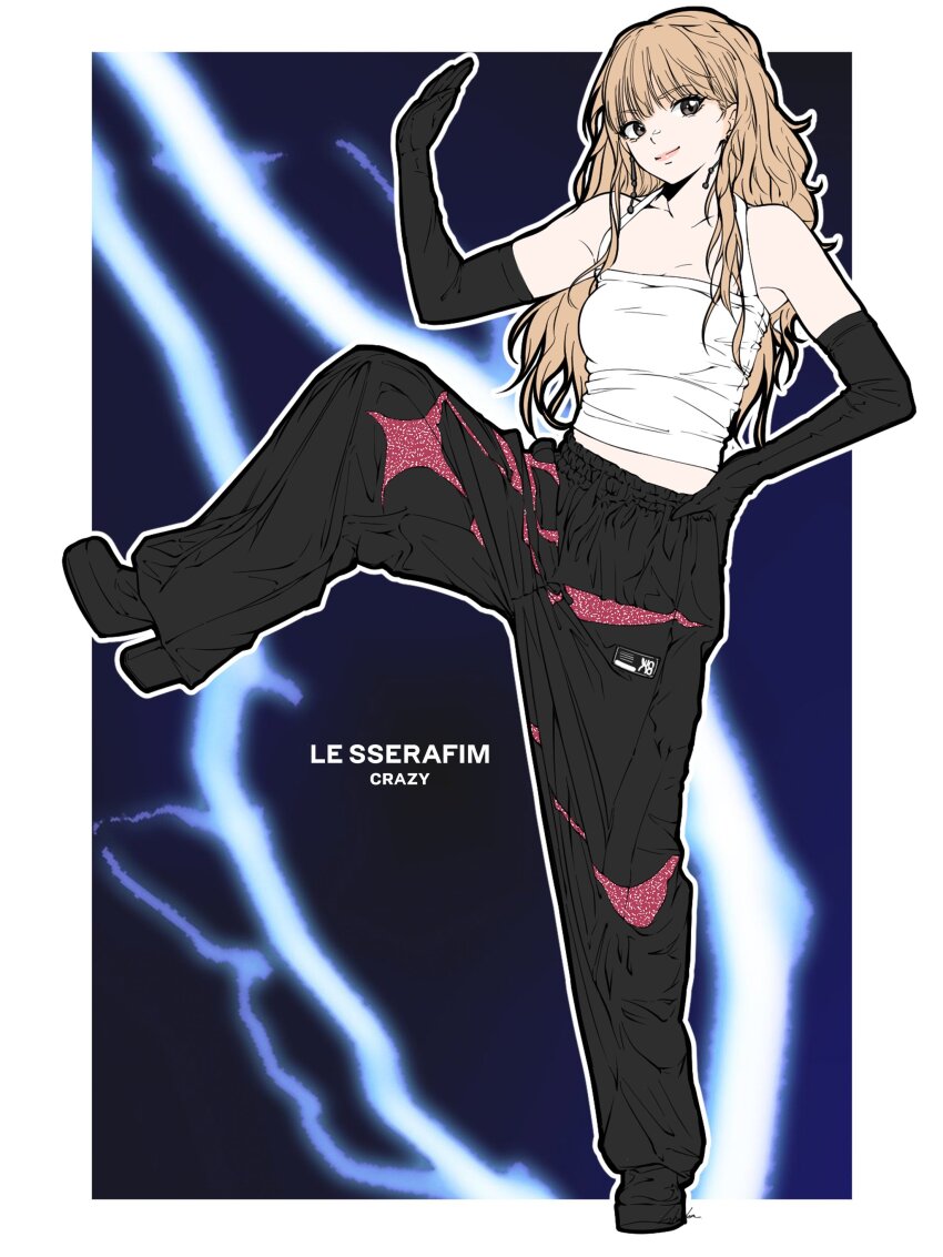 1girl absurdres bambi_surprise black_footwear black_gloves black_pants blonde_hair brown_hair camisole closed_mouth earrings elbow_gloves full_body gloves hand_on_own_hip highres jewelry knee_up le_sserafim long_hair looking_at_viewer loose_pants miyawaki_sakura pants solo white_camisole