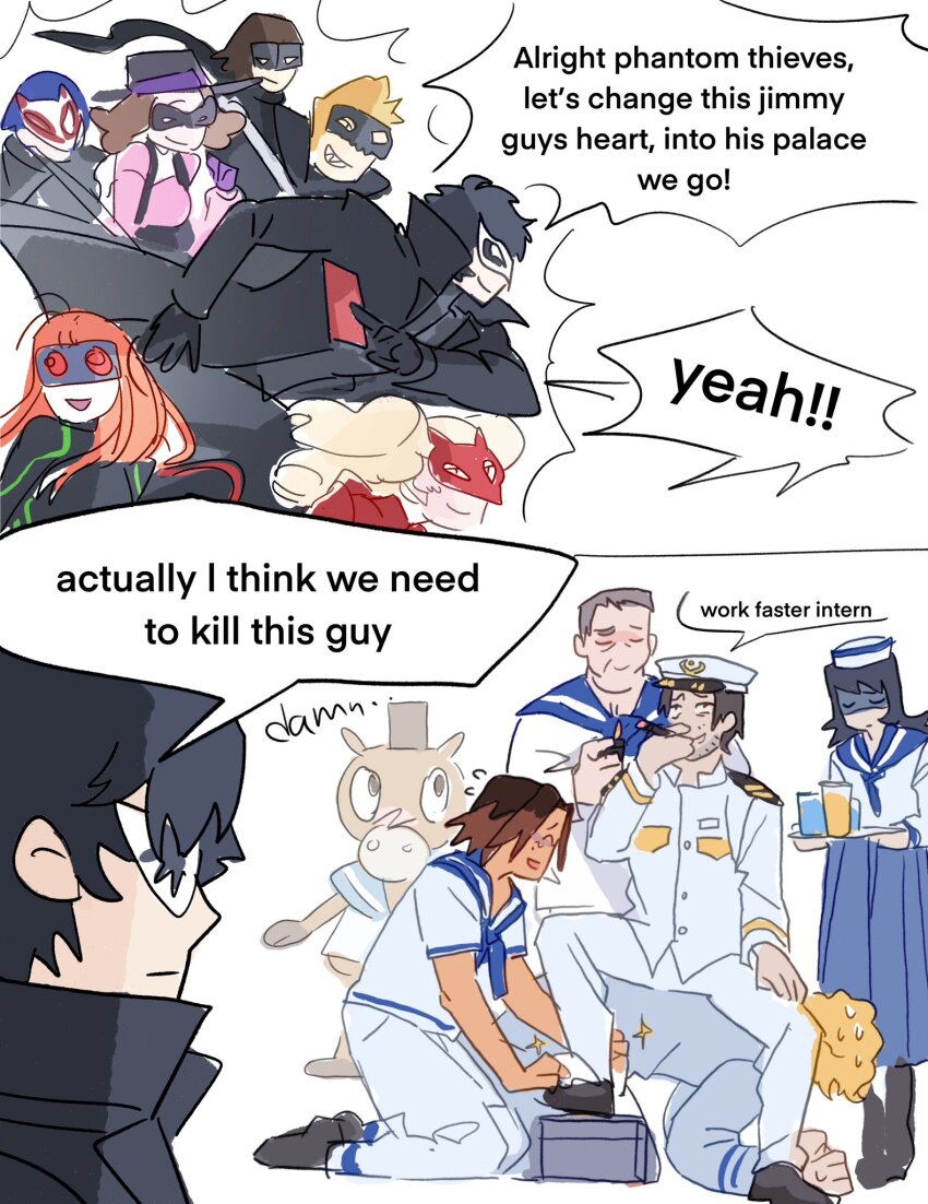 amamiya_ren anya_(mouthwashing) black_hair blonde_hair brown_eyes brown_hair curly_(mouthwashing) curly_(pre-crash)_(mouthwashing) daisuke_(mouthwashing) dule_(anhaidule) glasses gloves hat highres jimmy_(mouthwashing) kitagawa_yuusuke long_hair long_sleeves male_focus mask mouthwashing niijima_makoto okumura_haru open_mouth persona persona_5 red_eyes sakamoto_ryuuji sakura_futaba shirt short_hair smile swansea_(mouthwashing) takamaki_anne
