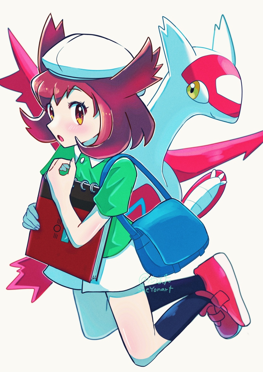 1girl :o absurdres bag beret bianca_(pokemon_heroes) black_socks blue_bag blush book brown_hair commentary_request full_body gen_3_pokemon green_shirt hat highres holding holding_book jumping latias legendary_pokemon looking_at_viewer medium_hair miniskirt nintendo open_mouth pokemon pokemon_(anime) pokemon_(classic_anime) pokemon_(creature) pokemon_heroes:_latios_&amp;_latias red_footwear sheyona shirt shoes short_sleeves shoulder_bag simple_background sketchbook skirt smile socks white_background white_hat white_skirt yellow_eyes