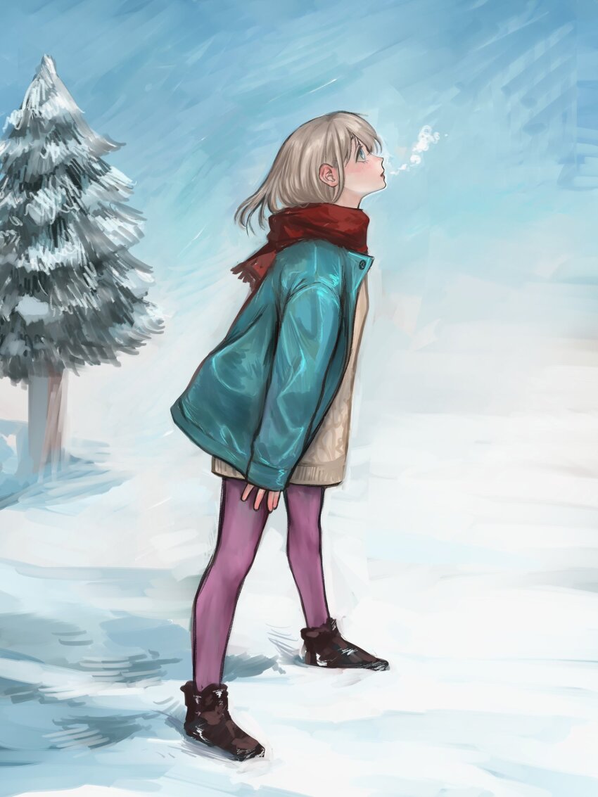 1girl aran_sweater blue_jacket blue_sky blush breath brown_hair brown_shoes brown_sweater cable_knit enpera from_side full_body highres idolmaster idolmaster_shiny_colors jacket leaning_forward looking_up outdoors pantyhose pine_tree profile purple_pantyhose red_scarf scarf serizawa_asahi shoes short_hair sky sleeves_past_wrists snow solo standing sweater tree yamaichi_(yama3ichi4)